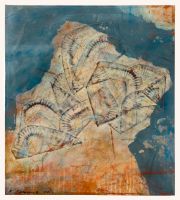 Fliegende Teller, 55 x 62, 2006, Mischtechnik auf Baumwolle